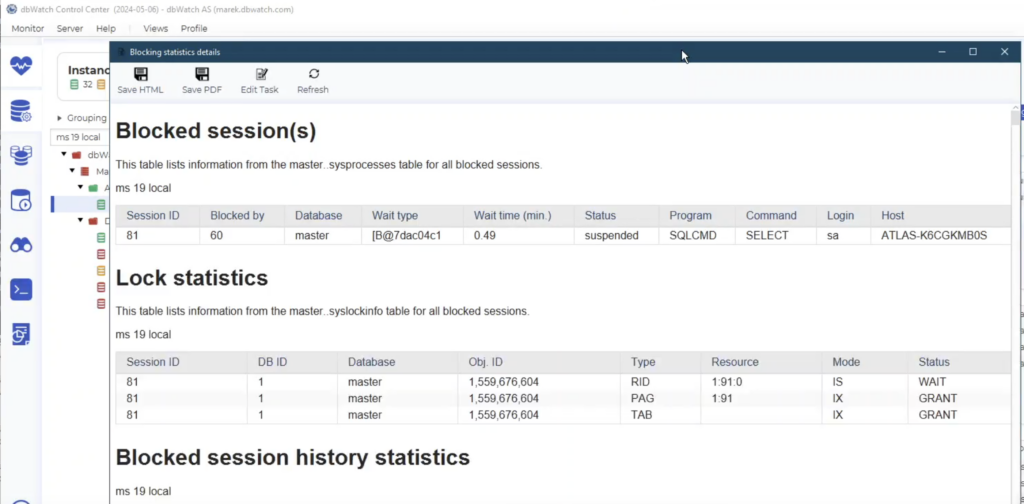 screenshot of a blocked session as shown in dbWatch
