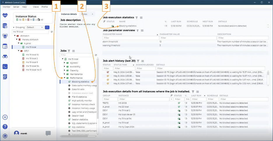 Screenshot shows first steps of fixing database lock in dbWatch