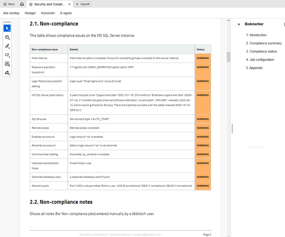 A compliance report from dbWatch.