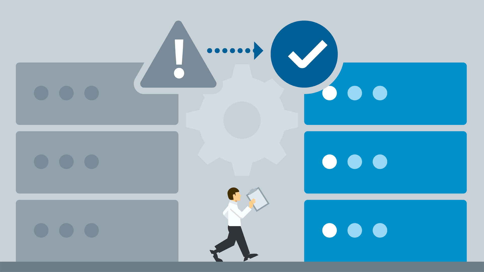 A graphic of a person checking database servers.