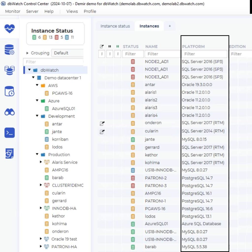 Example of cross platform monitoring in dbwatch.