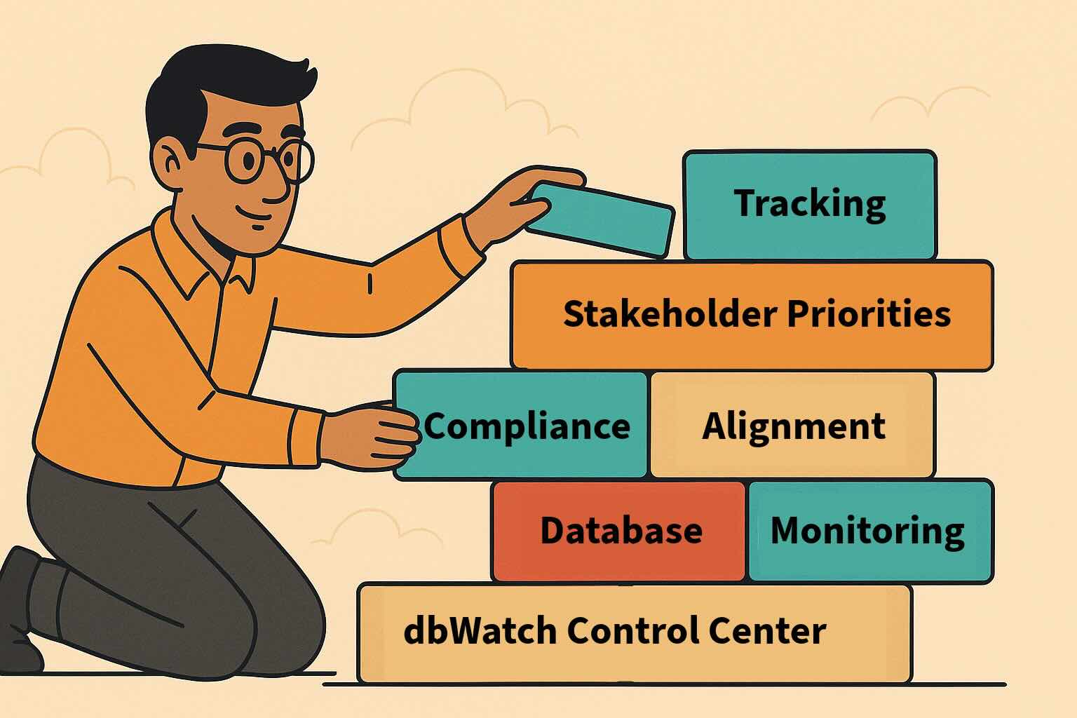man using building blocks to show building support for compliance database tools.